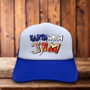 Earthworm Jim Mens Trucker Hat Blue Snapback 1994 Retro Video Game Ball Cap